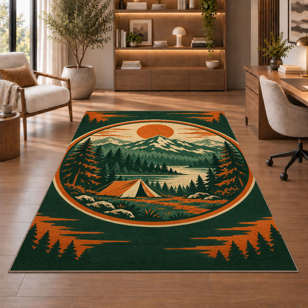 Vintage Camping Badge rug in a home office with wooden shelves