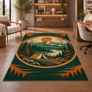 Vintage Camping Badge rug in a home office with wooden shelves