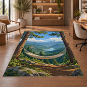 Hammock Between Pines rug in a home office with wooden shelves