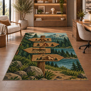 Camping Trail Signpost rug in a home office with wooden shelves