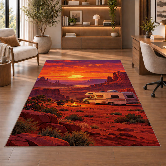 RV Red Rock Desert Sunset rug in a home office with wooden shelves