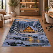 A-Frame Cabin in Snowy Pines rug in a home office with wooden shelves