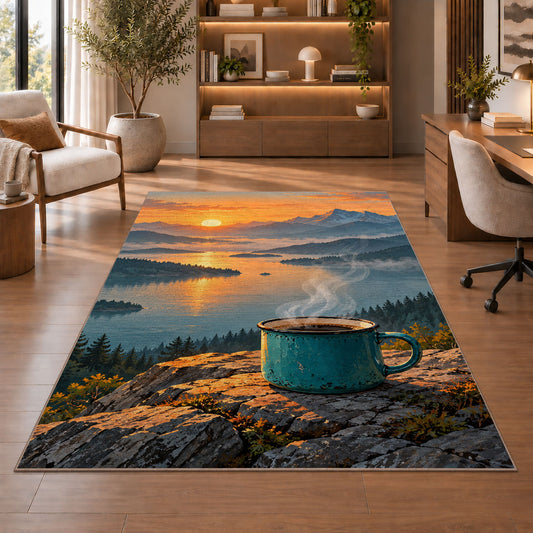 Steaming Camp Mug at Dawn rug in a home office with wooden shelves