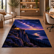 Tent on Cliff with Shooting Star rug in a home office with wooden shelves