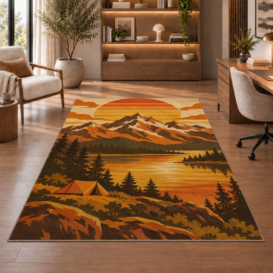 Retro 70s Mountain Sunset rug in a home office with wooden shelves
