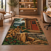 Firewood and Axe by Cabin rug in a home office with wooden shelves