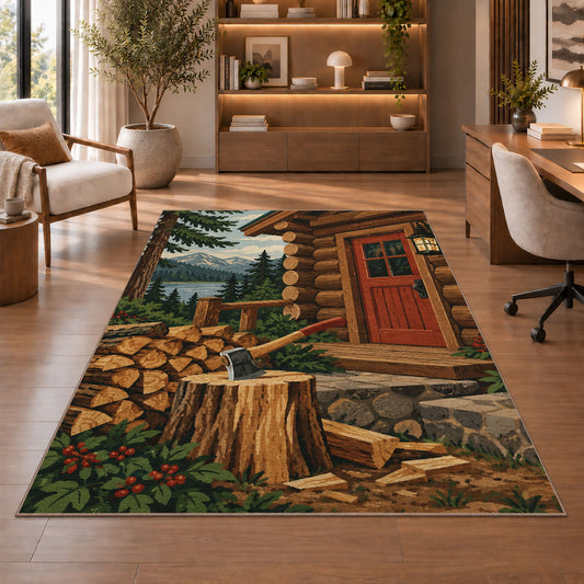 Firewood and Axe by Cabin rug in a home office with wooden shelves