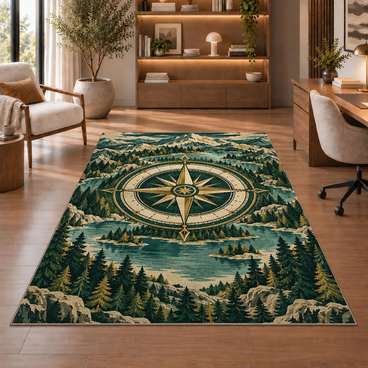Compass in Mountain Forest Ring rug in a home office with wooden shelves