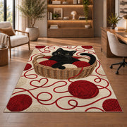 Black Cat Yarn Basket rug in a home office with wooden shelves