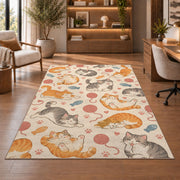 Lazy Cats Pattern rug in a home office with wooden shelves
