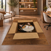 Calico Cat in a Box rug in a home office with wooden shelves