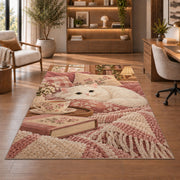 White Cat and Tea rug in a home office with wooden shelves