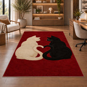 Cats with Heart Tails rug in a home office with wooden shelves