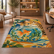 Tabby Cat and Goldfish rug in a home office with wooden shelves