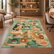 Cat Tree Playground rug in a home office with wooden shelves
