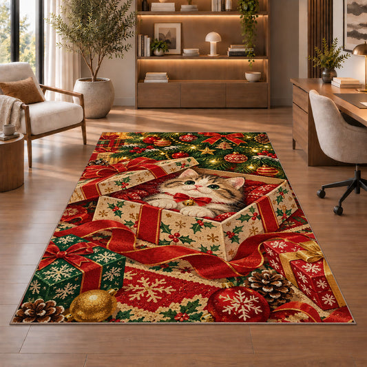 Kitten in Christmas Gift rug in a home office with wooden shelves