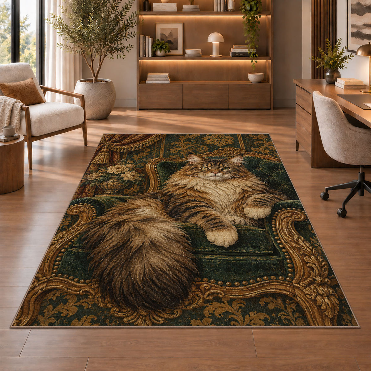 Maine Coon on Velvet Chair rug in a home office with wooden shelves