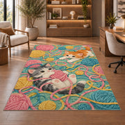 Kittens Tangled in Yarn rug in a home office with wooden shelves