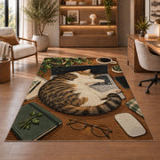 Cat Napping on Laptop rug in a home office with wooden shelves