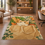 Cat in Grocery Bag rug in a home office with wooden shelves