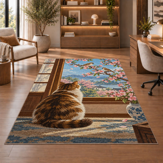 Cat Watching Sparrows rug in a home office with wooden shelves