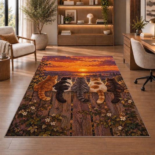 Cats on Fence at Sunset rug in a home office with wooden shelves