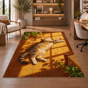 Tabby Cat Sunbathing rug in a home office with wooden shelves