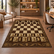 classic wooden chessboard rug in a home office with wooden shelves