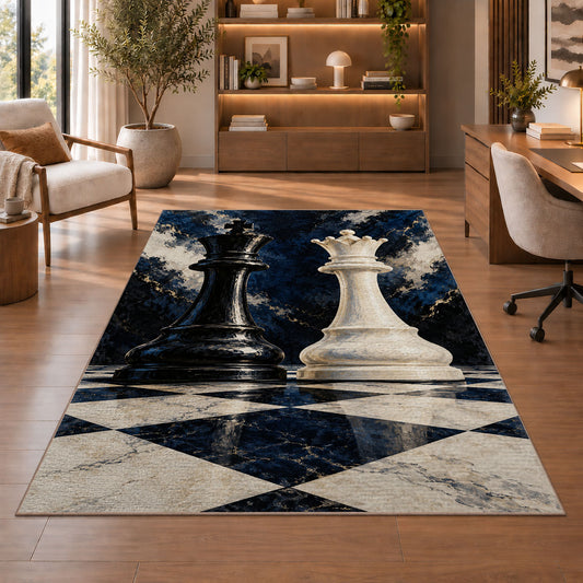 black king and white queen chess pieces rug in a home office with wooden shelves