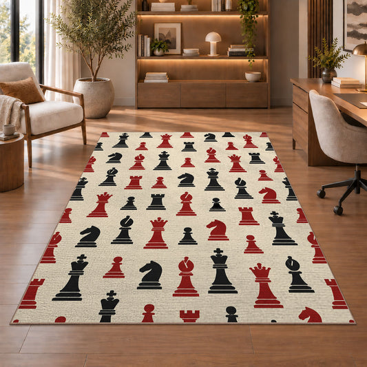 chess pieces pattern rug in a home office with wooden shelves