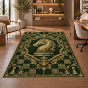 knight chess emblem rug in a home office with wooden shelves