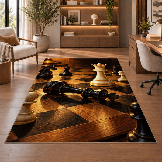 checkmate chess scene rug in a home office with wooden shelves