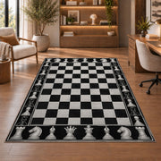 black and white chessboard rug in a home office with wooden shelves