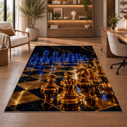 glowing glass chess pieces rug in a home office with wooden shelves