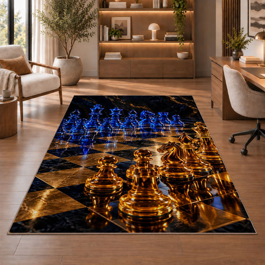 glowing glass chess pieces rug in a home office with wooden shelves