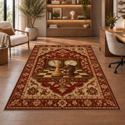 chess clock and chess pieces rug in a home office with wooden shelves