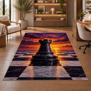 rook chess piece at sunset rug in a home office with wooden shelves