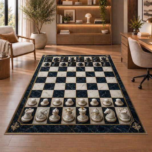 marble chessboard rug in a home office with wooden shelves