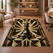 art deco chess king rug in a home office with wooden shelves