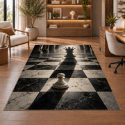 pawn with queen shadow chess rug in a home office with wooden shelves
