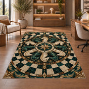 knight chess pieces mandala pattern rug in a home office with wooden shelves
