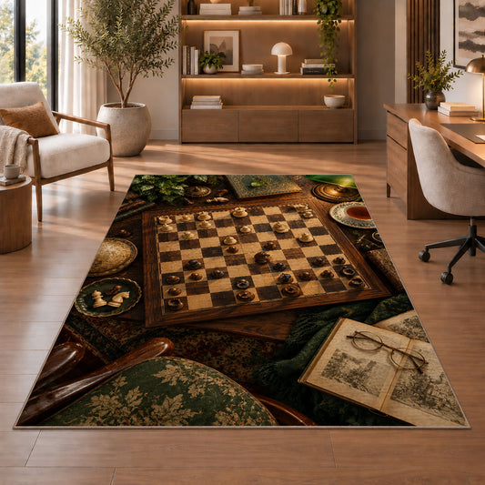 chessboard on a study desk rug in a home office with wooden shelves