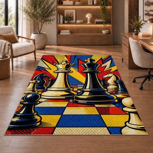 pop art chess king and queen rug in a home office with wooden shelves