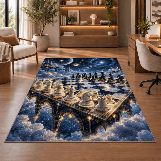 chessboard in the starry sky rug in a home office with wooden shelves