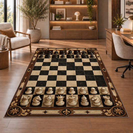 full chess set rug in a home office with wooden shelves