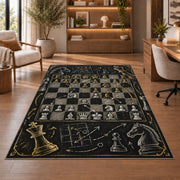 chalkboard chess strategy rug in a home office with wooden shelves