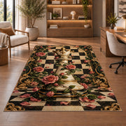 chess queen wrapped in roses rug in a home office with wooden shelves