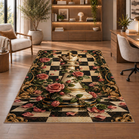 chess queen wrapped in roses rug in a home office with wooden shelves