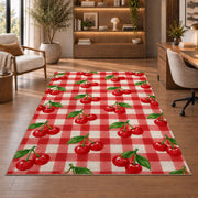 Gingham Cherry Rug in a home office with wooden shelves