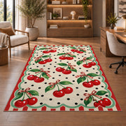 Retro Cherry Polka Dot Rug in a home office with wooden shelves